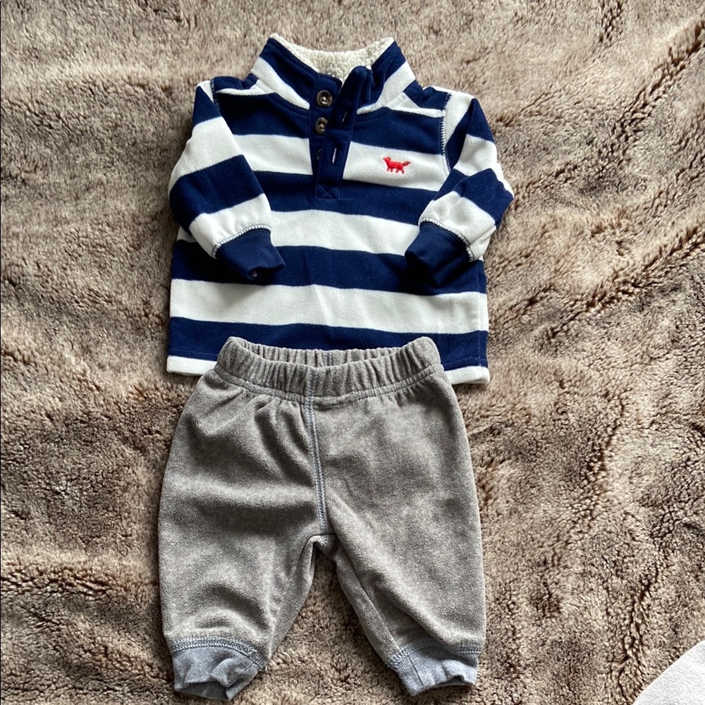 Striped Navy and White Kids Pullover with Grey Bottoms